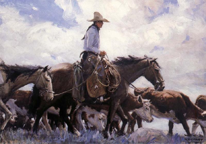 W.H.D. Koerner The Stood There Watching Him Move Across the Range,Leading His Pack Horse Spain oil painting art